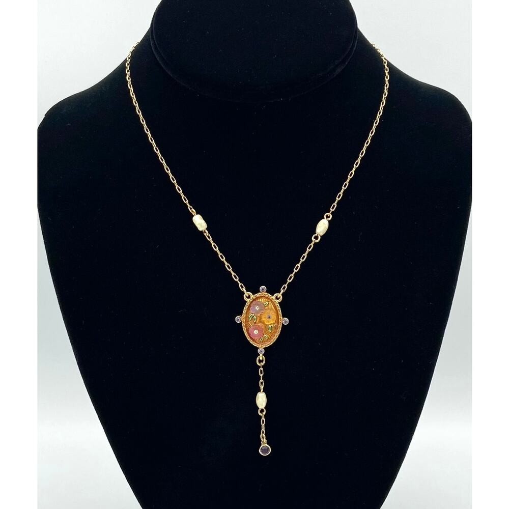 Vintage Avon Victorian Style Floral Lavaliere “Y” Drop Necklace Gold Tone Signed